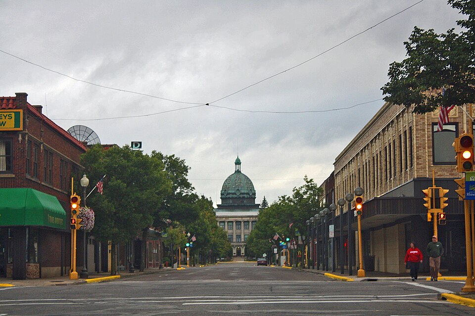 Looking east at downtown Rhinelander with view of the Oneida County Courthouse dome, Oneida County, Wisconsin