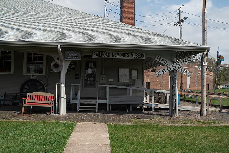 This image shows the front entrance to the Railroad Memories Museum., Washburn County, Wisconsin
